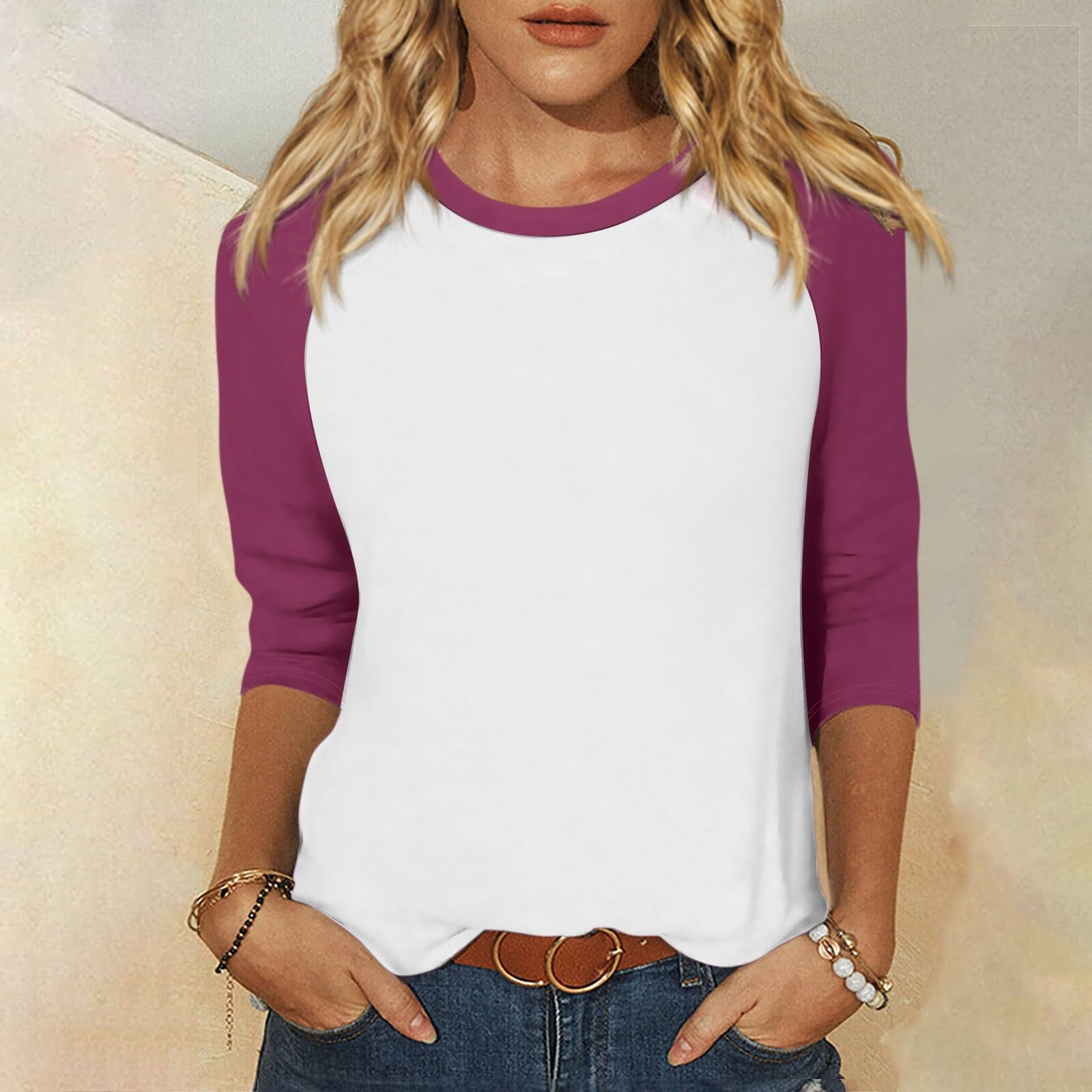 thumbnail image 2 of Camiseta informal de manga 3/4 y cuello redondo para mujer, versátil, de poliéster, tallas S-XXL, 2 of 5